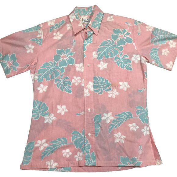 Vintage 90s KALAHEO Hawaiian Shirt Men S Pink Reverse Floral Palms Beach USA - Picture 1 of 16